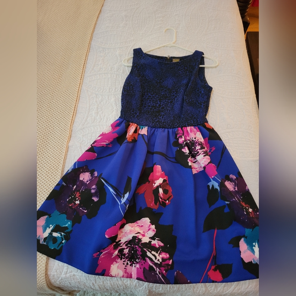 "Taylor" blue leopard design on bust with floral on bottom mid length dress